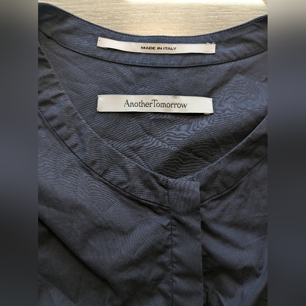 Another Tomorrow Navy Blue Poplin Cotton Shirred Puff Sleeve Button-Up Blouse XL - Picture 10 of 12